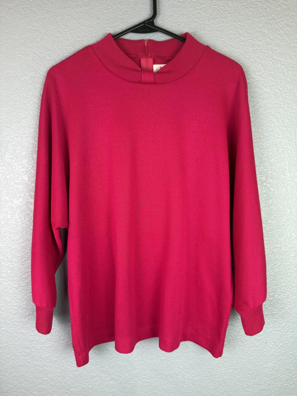 Vintage Graff Sweater Womens Large Pink Mock Neck Dolman Back Zip Made USA 80s